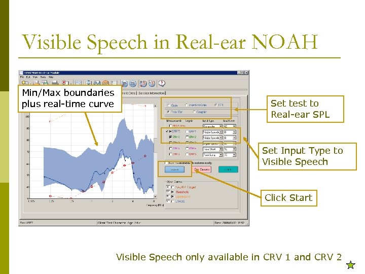 Visible Speech in Real-ear NOAH Min/Max boundaries plus real-time curve Set test to Real-ear