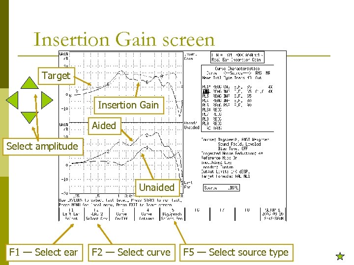 Insertion Gain screen Target Insertion Gain Aided Select amplitude Unaided F 1 — Select