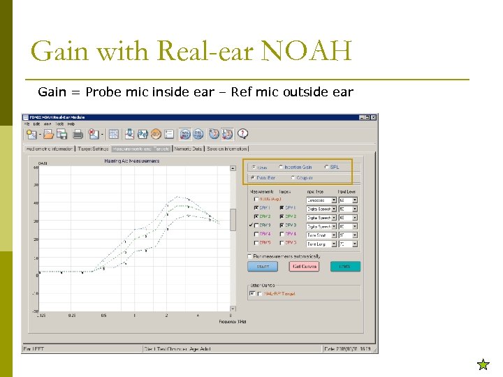 Gain with Real-ear NOAH Gain = Probe mic inside ear – Ref mic outside