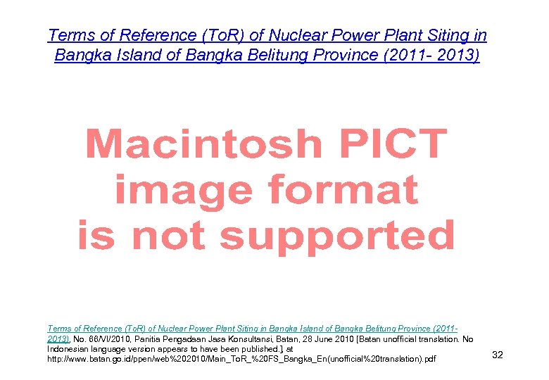 Terms of Reference (To. R) of Nuclear Power Plant Siting in Bangka Island of