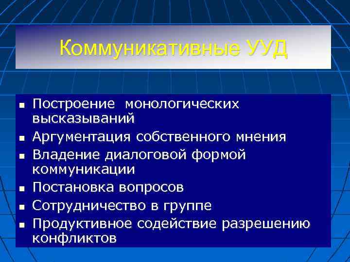 Коммуникативные УУД Построение монологических высказываний Аргументация собственного мнения Владение диалоговой формой коммуникации Постановка вопросов