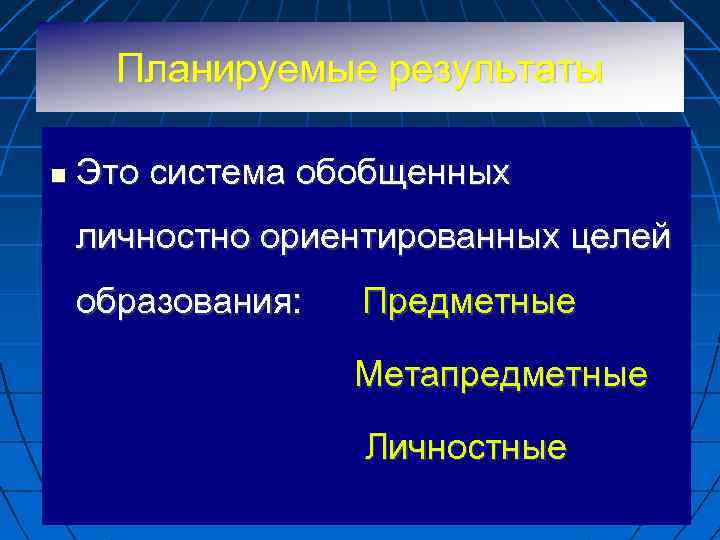 Планируемые результаты Это система обобщенных личностно ориентированных целей образования: Предметные Метапредметные Личностные 
