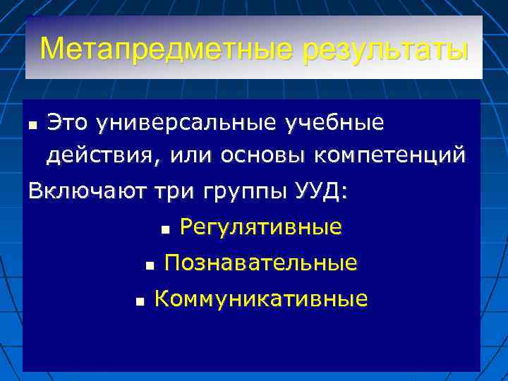 Метапредметные результаты Это универсальные учебные действия, или основы компетенций Включают три группы УУД: Регулятивные