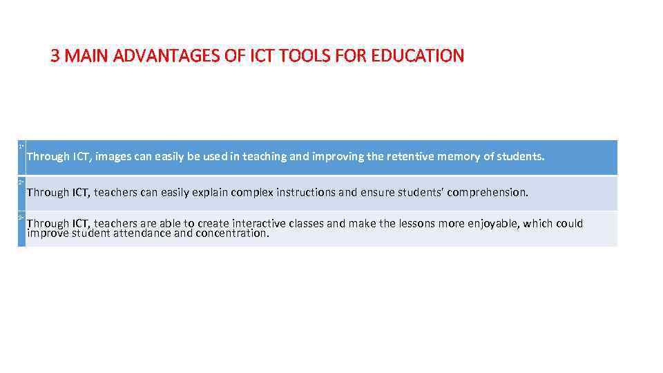 3 MAIN ADVANTAGES OF ICT TOOLS FOR EDUCATION 1‧ 2‧ 3‧ Through ICT, images