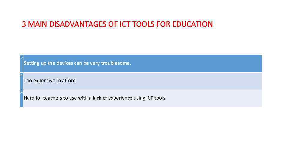 3 MAIN DISADVANTAGES OF ICT TOOLS FOR EDUCATION 1‧ Setting up the devices can