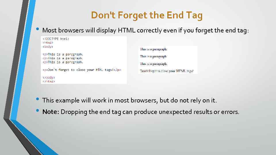 Don't Forget the End Tag • Most browsers will display HTML correctly even if