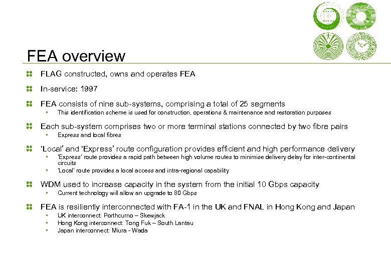 FEA overview FLAG constructed, owns and operates FEA In-service: 1997 FEA consists of nine