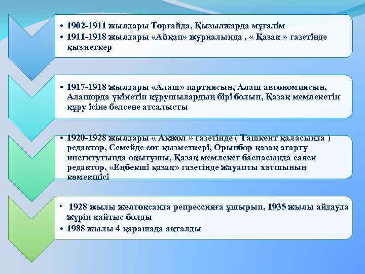  • 1902 -1911 жылдары Торғайда, Қызылжарда мұғалім • 1911 -1918 жылдары «Айқап» журналында