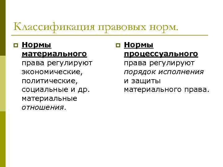 Материальное право. Классификация юридических правил. Нормы материального права. Классификация правовых норм. Материальные и процессуальные нормы права.