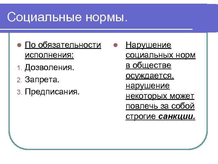 Социальные нормы. По обязательности исполнения: 1. Дозволения. 2. Запрета. 3. Предписания. l l Нарушение