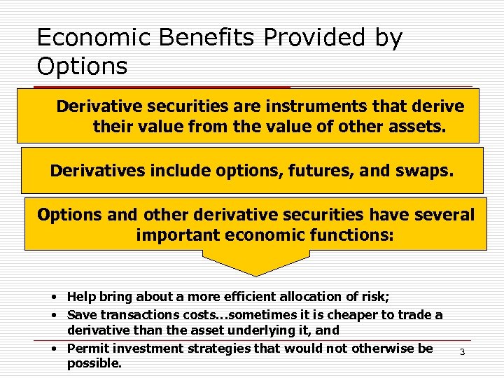 Economic Benefits Provided by Options Derivative securities are instruments that derive their value from