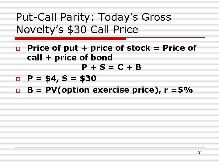 Put-Call Parity: Today’s Gross Novelty’s $30 Call Price o o o Price of put