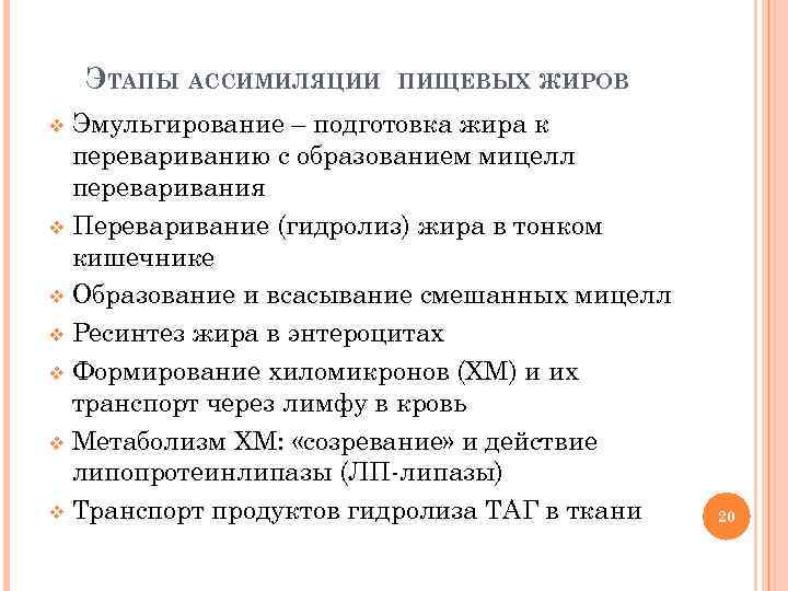 ЭТАПЫ АССИМИЛЯЦИИ ПИЩЕВЫХ ЖИРОВ Эмульгирование – подготовка жира к перевариванию с образованием мицелл переваривания