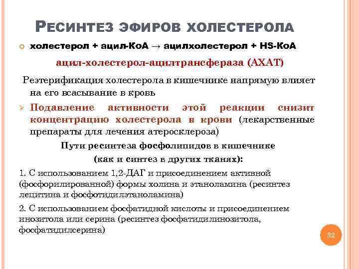 РЕСИНТЕЗ ЭФИРОВ ХОЛЕСТЕРОЛА холестерол + ацил-Кo. A → ацилхолестерол + HS-Кo. A ацил-холестерол-ацилтрансфераза (АХАТ)