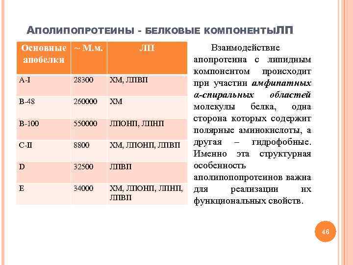 АПОЛИПОПРОТЕИНЫ Основные ~ М. м. апобелки БЕЛКОВЫЕ КОМПОНЕНТЫЛП ЛП А-I 28300 ХМ, ЛПВП B-48