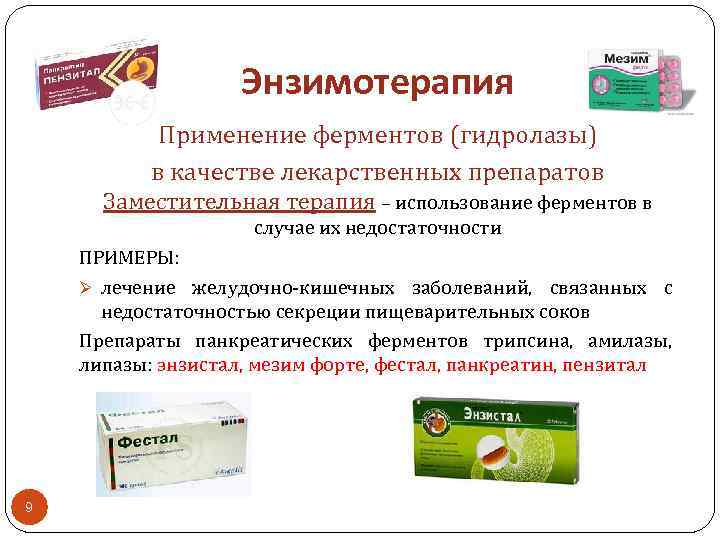 Энзимотерапия Применение ферментов (гидролазы) в качестве лекарственных препаратов Заместительная терапия – использование ферментов в