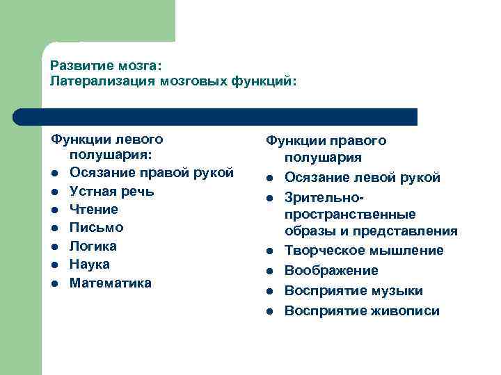 Развитие мозга: Латерализация мозговых функций: Функции левого полушария: l Осязание правой рукой l Устная