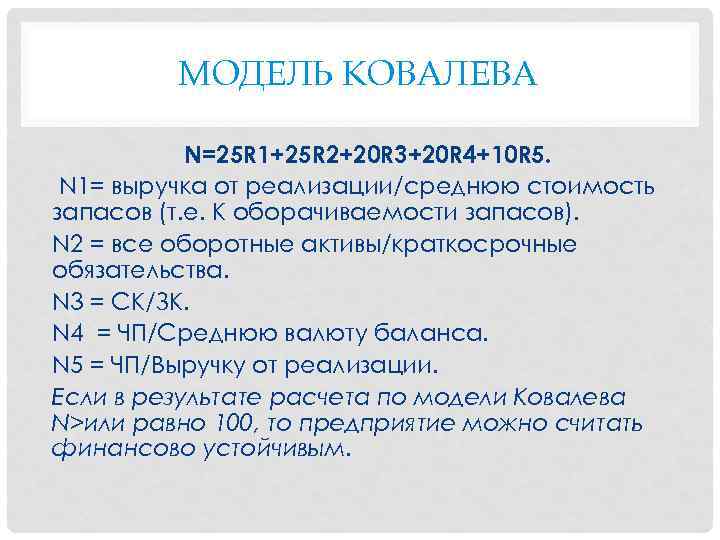 МОДЕЛЬ КОВАЛЕВА N=25 R 1+25 R 2+20 R 3+20 R 4+10 R 5. N