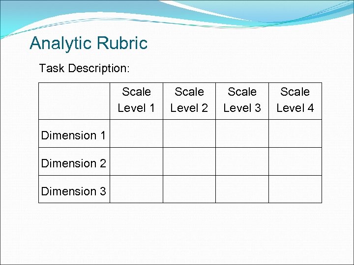 Analytic Rubric Task Description: Scale Level 1 Dimension 2 Dimension 3 Scale Level 2