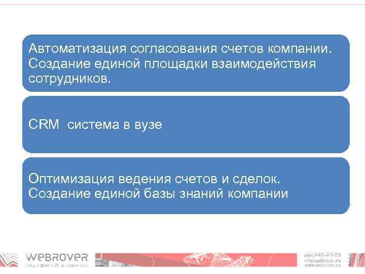 Автоматизация согласования счетов компании. Создание единой площадки взаимодействия сотрудников. CRM система в вузе Оптимизация