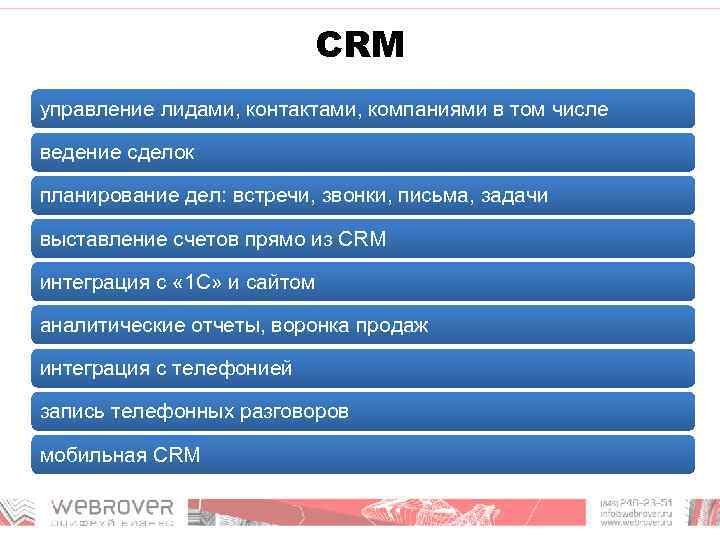 CRM управление лидами, контактами, компаниями в том числе ведение сделок планирование дел: встречи, звонки,