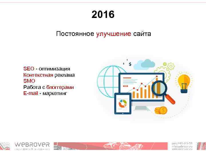 2016 Постоянное улучшение сайта SEO - оптимизация Контекстная реклама SMO Работа с блоггерами E-mail