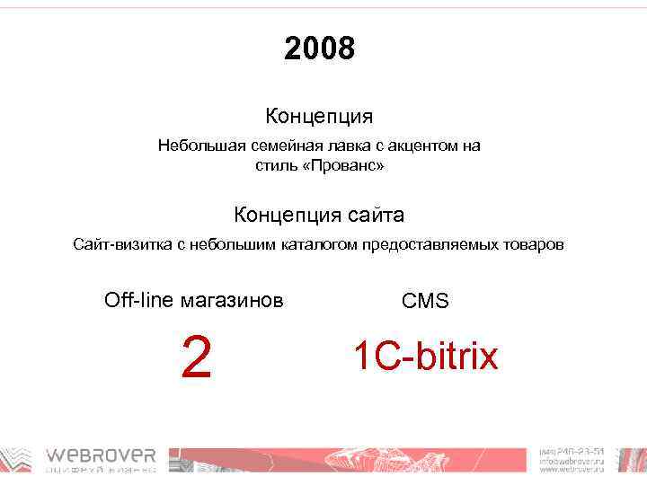 2008 Концепция Небольшая семейная лавка с акцентом на стиль «Прованс» Концепция сайта Сайт-визитка с