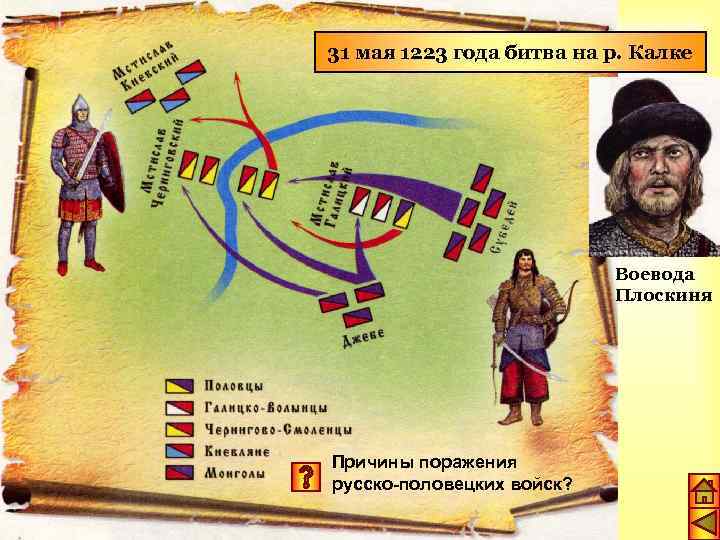 31 мая 1223 года битва на р. Калке Воевода Плоскиня Причины поражения русско-половецких войск?