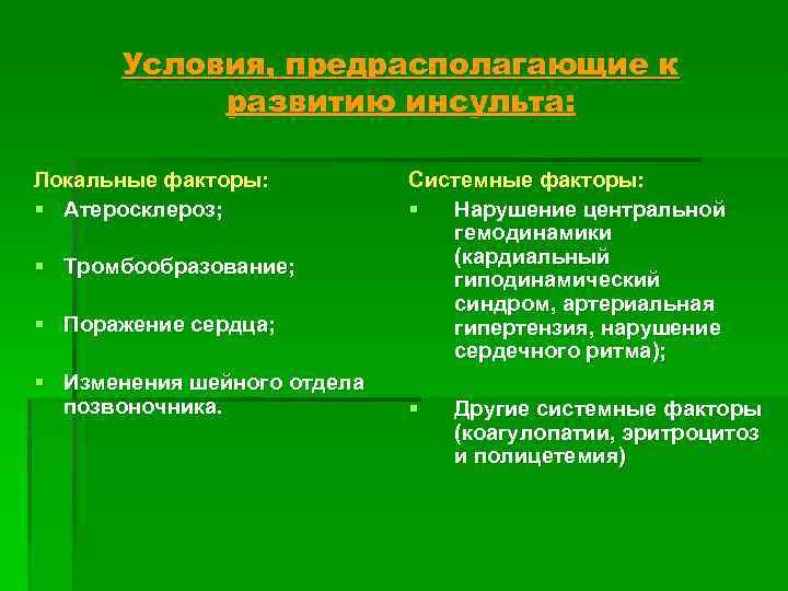 Условия, предрасполагающие к развитию инсульта: Локальные факторы: § Атеросклероз; § Тромбообразование; § Поражение сердца;
