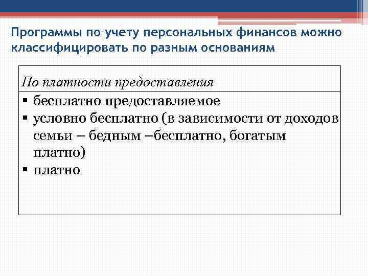 Программы по учету персональных финансов можно классифицировать по разным основаниям По платности предоставления §