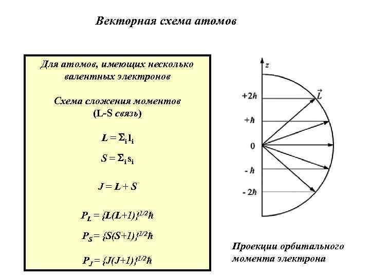 Векторная схема атомов Для атомов, имеющих несколько валентных электронов Схема сложения моментов (L-S связь)
