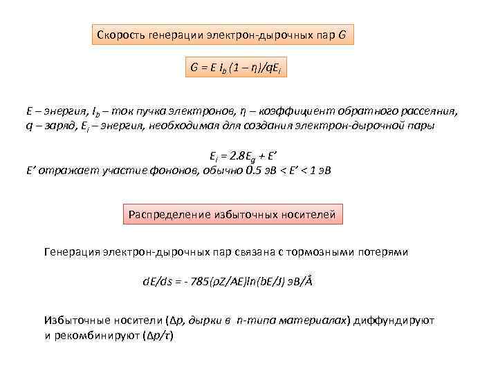 Скорость генерации электрон-дырочных пар G G = E Ib (1 – η)/q. Ei E