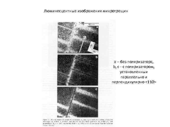 Люминесцентные изображения микротрещин а – без поляризатора, b, c - с поляризатором, установленныи параллельно