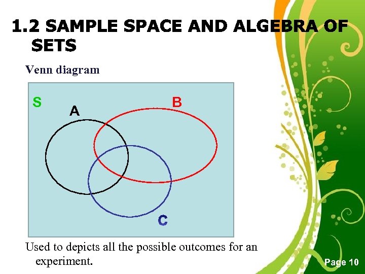  Venn diagram S A B Used to depicts all the possible outcomes for