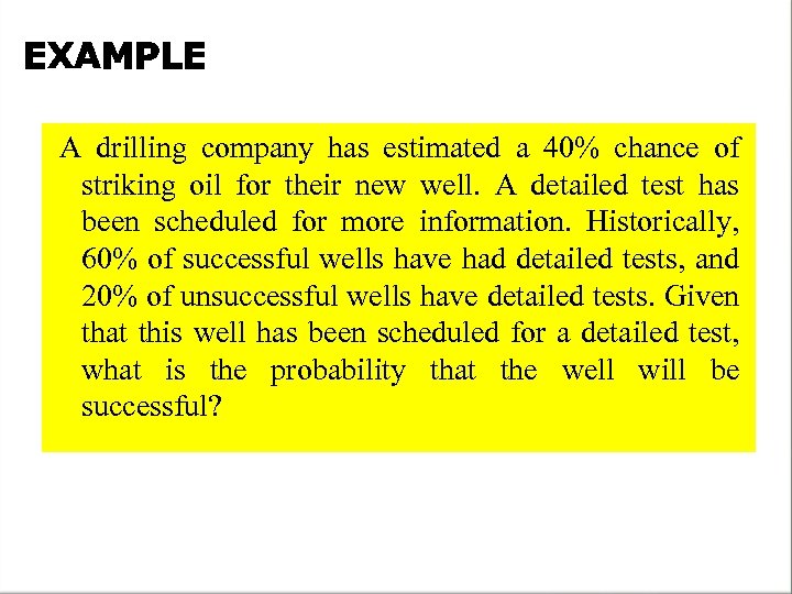 EXAMPLE A drilling company has estimated a 40% chance of striking oil for their