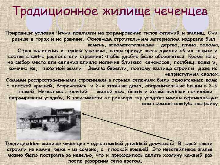 Традиционное жилище чеченцев Природные условия Чечни повлияли на формирование типов селений и жилищ. Они