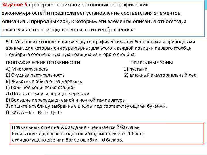 Задание 5 проверяет понимание основных географических закономерностей и предполагает установление соответствия элементов описания и