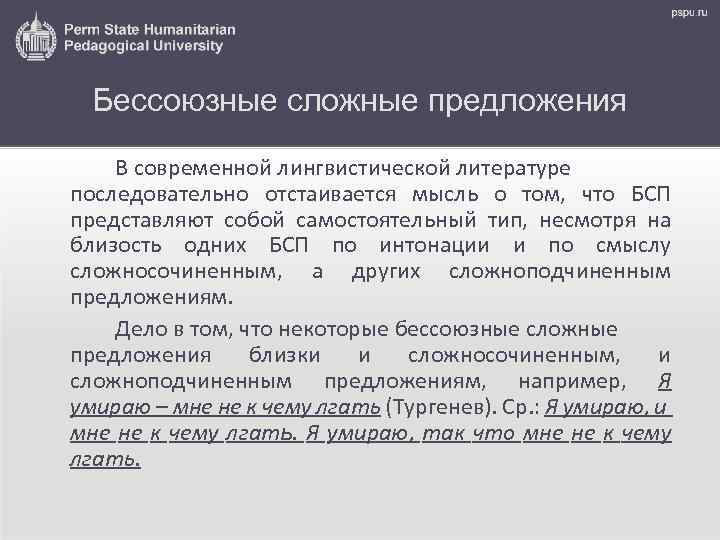 Бессоюзные сложные предложения В современной лингвистической литературе последовательно отстаивается мысль о том, что БСП