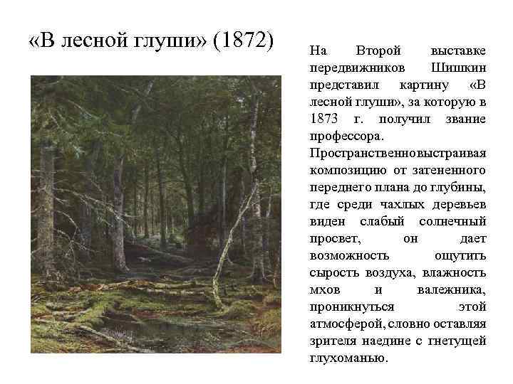  «В лесной глуши» (1872) На Второй выставке передвижников Шишкин представил картину «В лесной