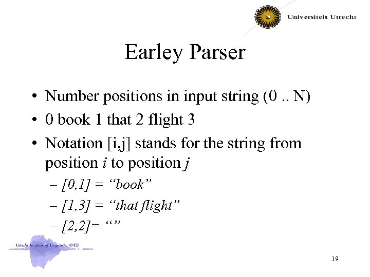 Earley Parser • Number positions in input string (0. . N) • 0 book