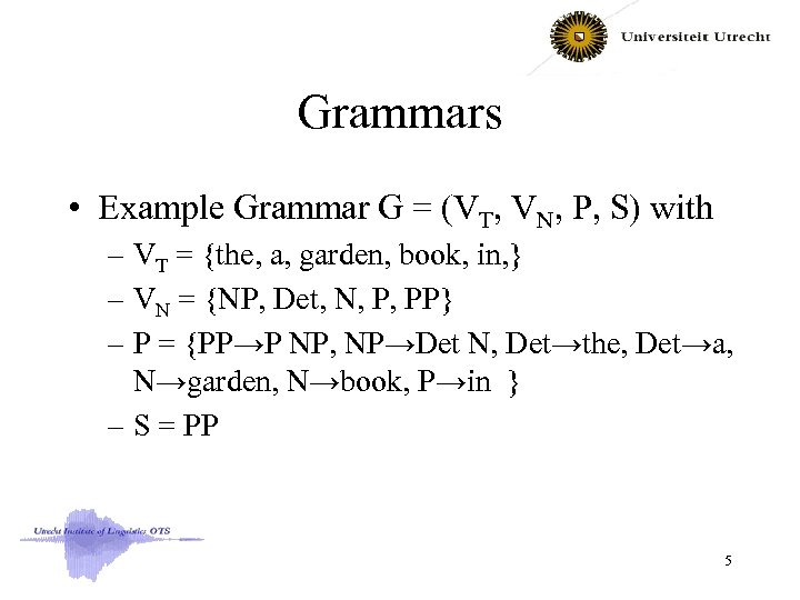 Grammars • Example Grammar G = (VT, VN, P, S) with – VT =