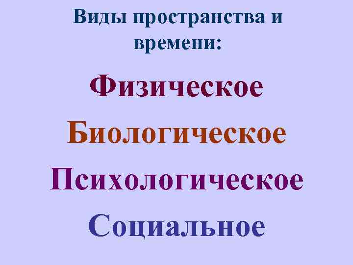 Виды пространства и времени: Физическое Биологическое Психологическое Социальное 