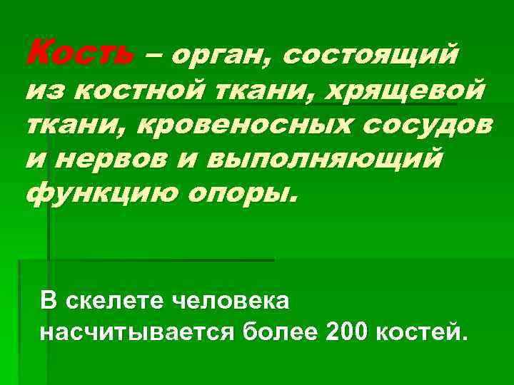 Кость – орган, состоящий из костной ткани, хрящевой ткани, кровеносных сосудов и нервов и
