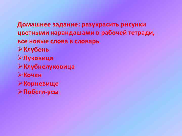 Домашнее задание: разукрасить рисунки цветными карандашами в рабочей тетради, все новые слова в словарь