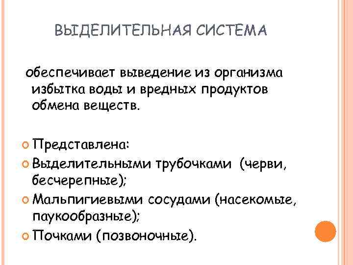 ВЫДЕЛИТЕЛЬНАЯ СИСТЕМА обеспечивает выведение из организма избытка воды и вредных продуктов обмена веществ. Представлена: