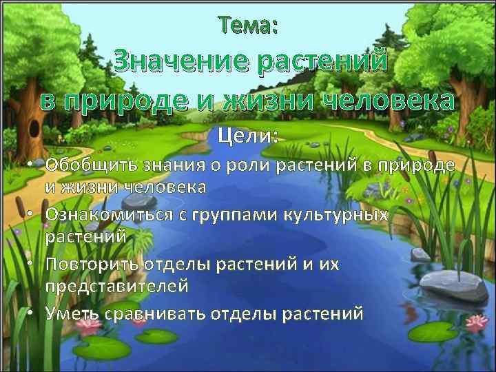 Тема: Значение растений в природе и жизни человека Цели: • Обобщить знания о роли