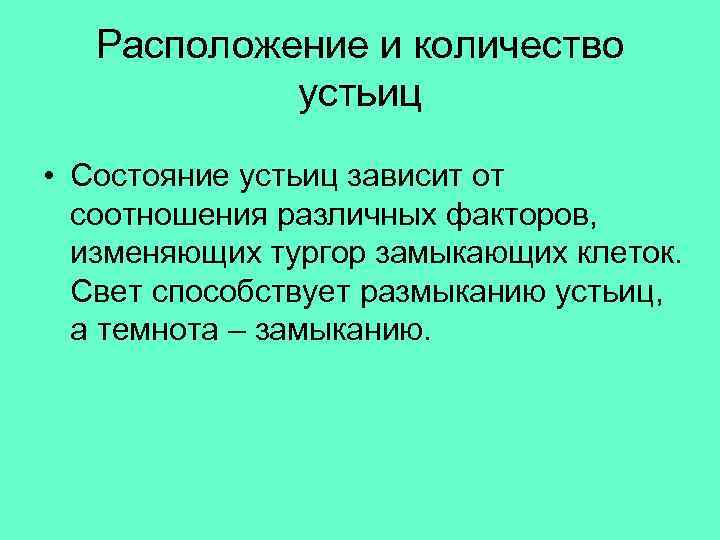 Расположение и количество устьиц • Состояние устьиц зависит от соотношения различных факторов, изменяющих тургор