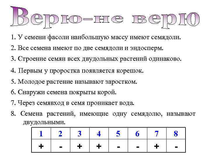 1. У семени фасоли наибольшую массу имеют семядоли. 2. Все семена имеют по две