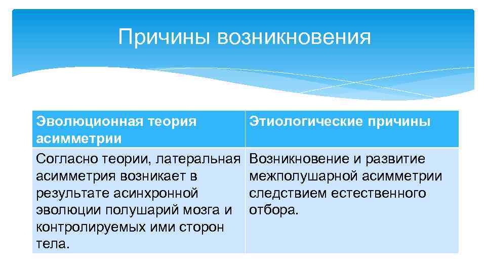 Причины возникновения Эволюционная теория асимметрии Согласно теории, латеральная асимметрия возникает в результате асинхронной эволюции