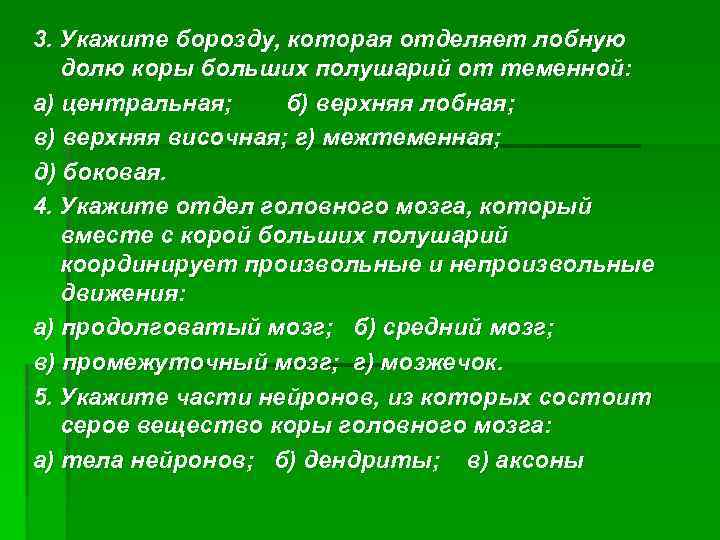 3. Укажите борозду, которая отделяет лобную долю коры больших полушарий от теменной: а) центральная;